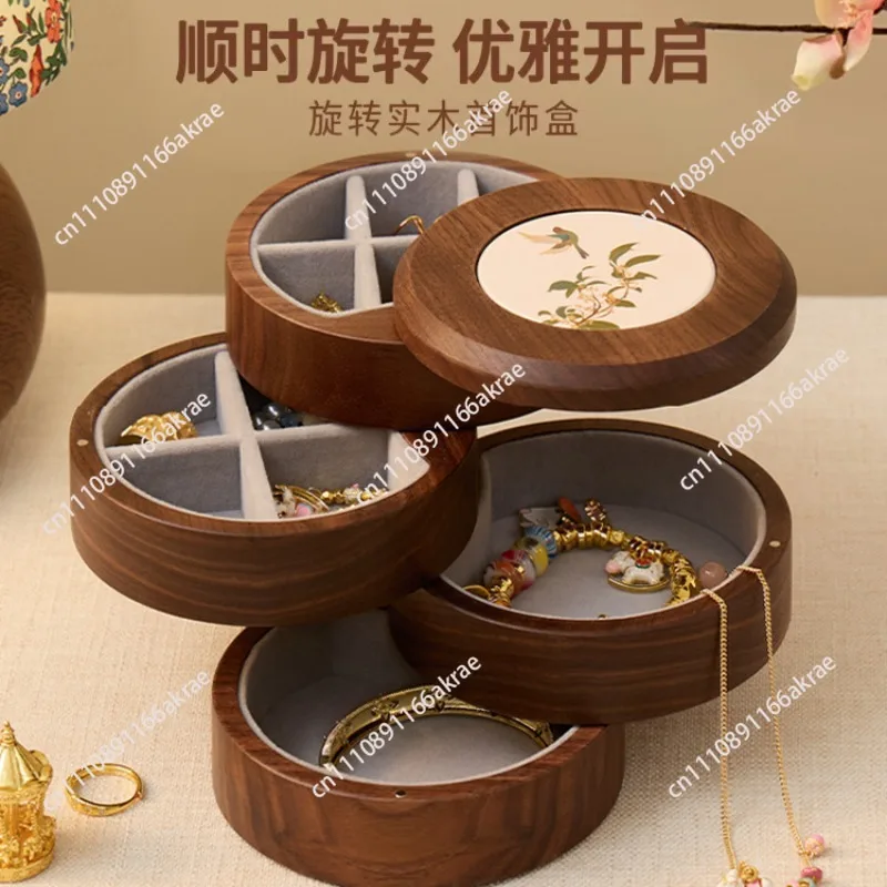 Black walnut rotating jewelry box, high-end multi-layer grid jewelry storage box