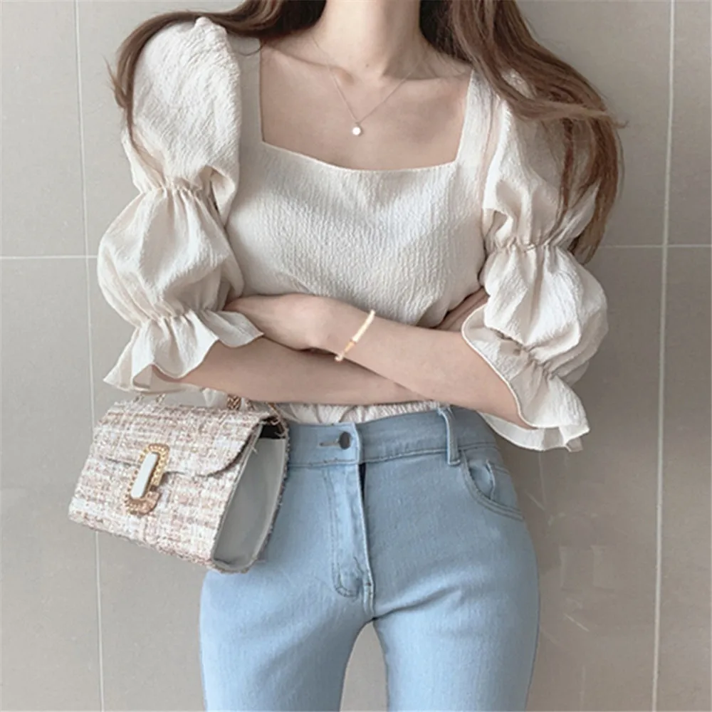 Woman ClothingSlim-Fit And Slim Chiffon Shirt For Women, Collarbone Pleated, Square Collar, Bubble Sleeve, Summer, New, 2024