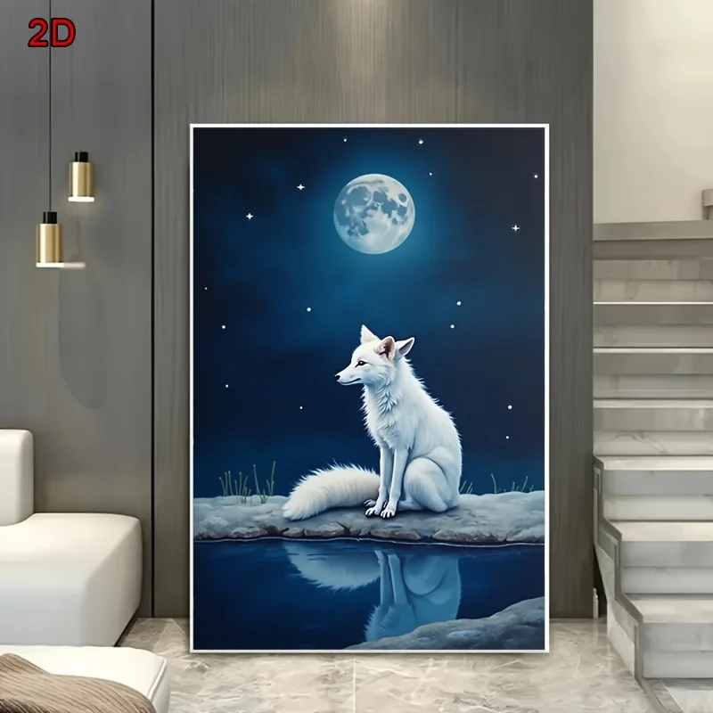 Impression plate 2D, toile sans cadre - Tranquil Arctic Fox sous le clair de lune par Serene Lake, idéale pour la chambre à coucher, le salon, le bureau