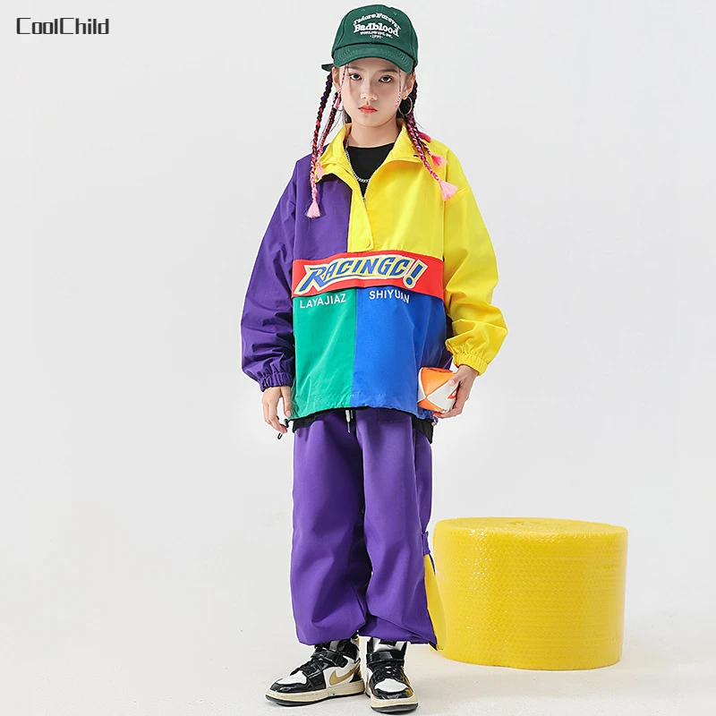 Boys Hip Hop Contrast Jacket Street Dance Pants Girls Jazz Pullovers Joggers Clothes Sets Kids Cool Costumes Children Streetwear