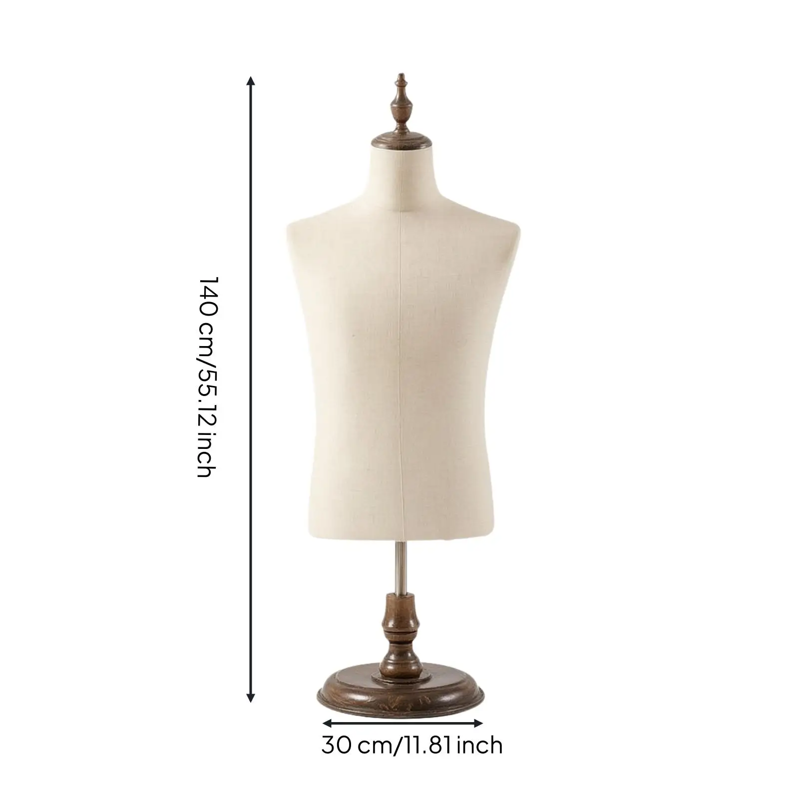 Compact Tabletop Mannequin Display Stand for Mens Apparel Presentation with Fabric Torso Wood Base and Decorative Crown Top for