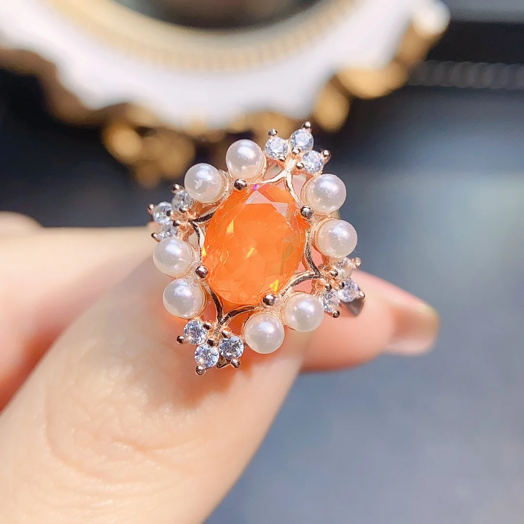 

Oval 7x9mm Natural Orange Opal Ring With Halo Pearl 925 Silver Women Engagement Ring For Gift