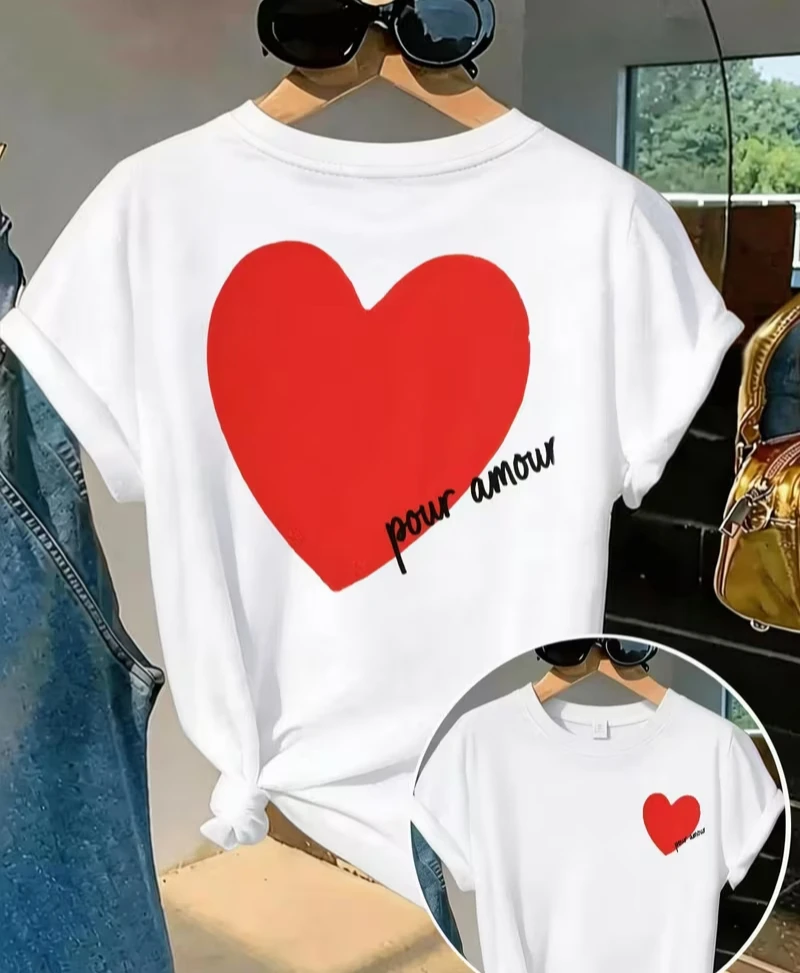 Pour Amour Heart Print T-shirt French Quote & Solid Heart Graphic Short Sleeve Tops Women Spring Summer Daily Casual Tee
