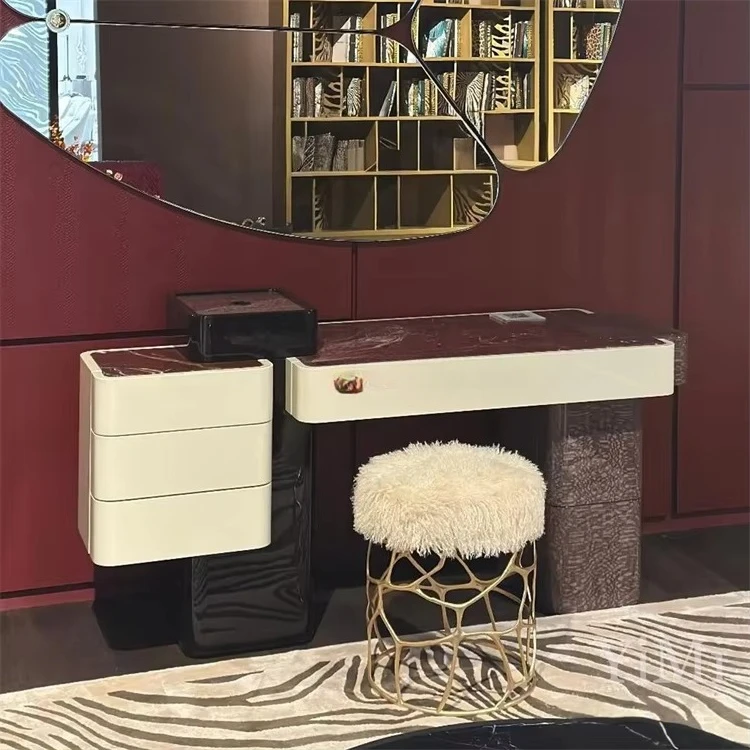 * Light Luxury Solid Wood Dressing Table with Drawers Makeup Desk & Stool Set