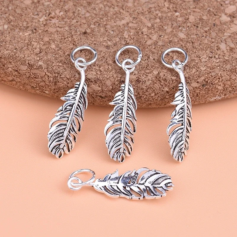 925 Sterling Silver Vintage Craft  Feather Pendant Handmade DIY beaded material bracelet necklace jewelry accessories