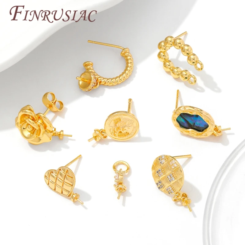 18K Real Gold Plated Earring Studs Post Base Pins With Pearl Pendant Mounting DIY Earrings Making Accessories