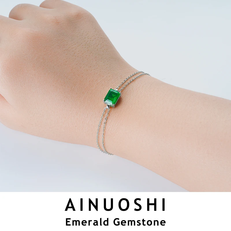 

AINUOSHI 925 Sterling Silver Double Chain Bracelets 7x9mm Rectangle Artificial Emerald Bracelet For Women Temperament Jewelry