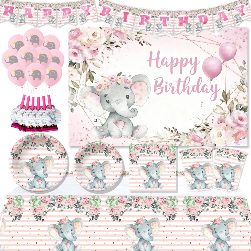 

Pink Elephant Themed Birthday Party Decoration Disposable Tableware Tablecloths Plates Napkins Backdrop Banners Children's Gifts