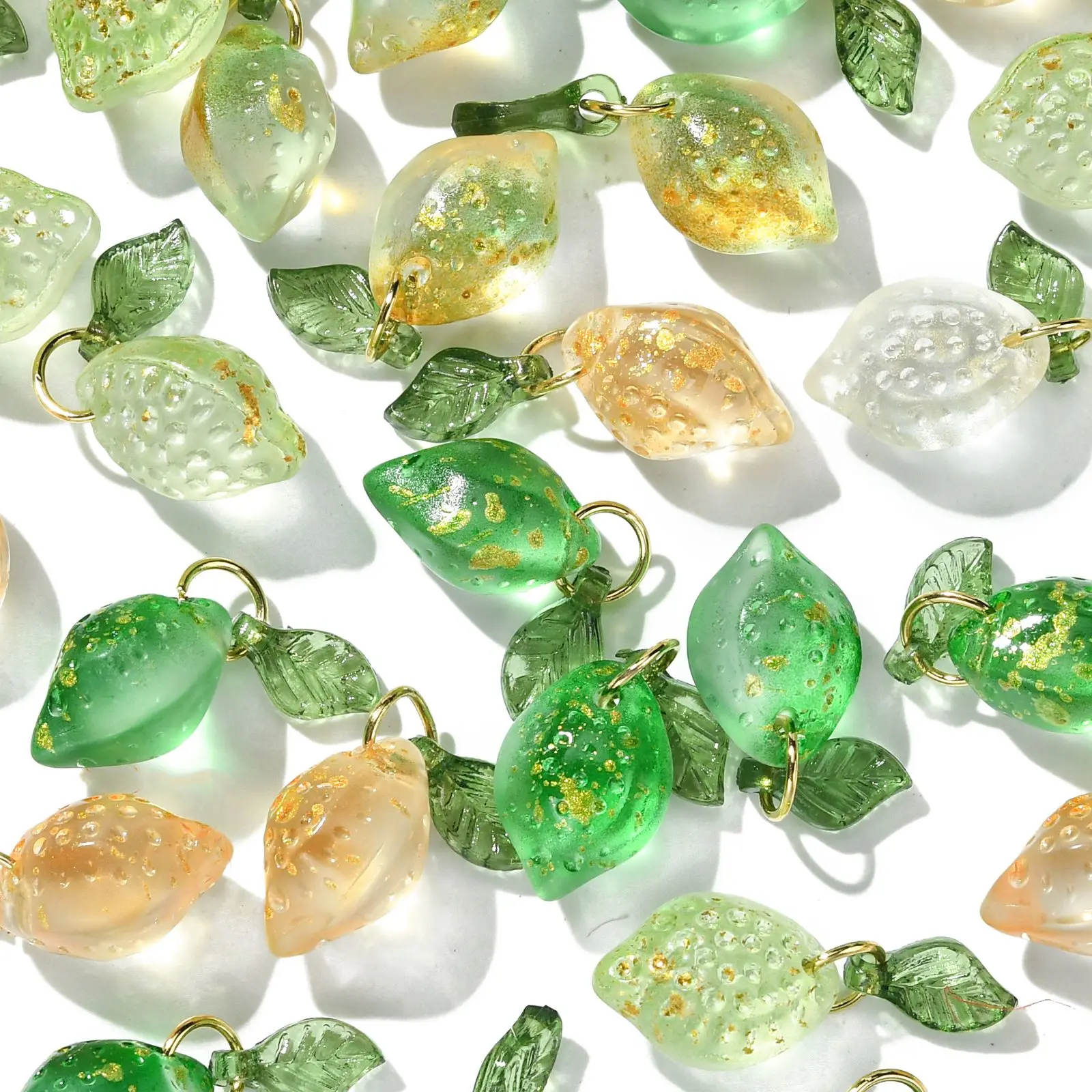 Pandahall 50Pcs 5 Colors Lampwork Fruit Charms Glass Crystal Lemon Charms Imitation Food Dangle Pendant for Jewelry Making
