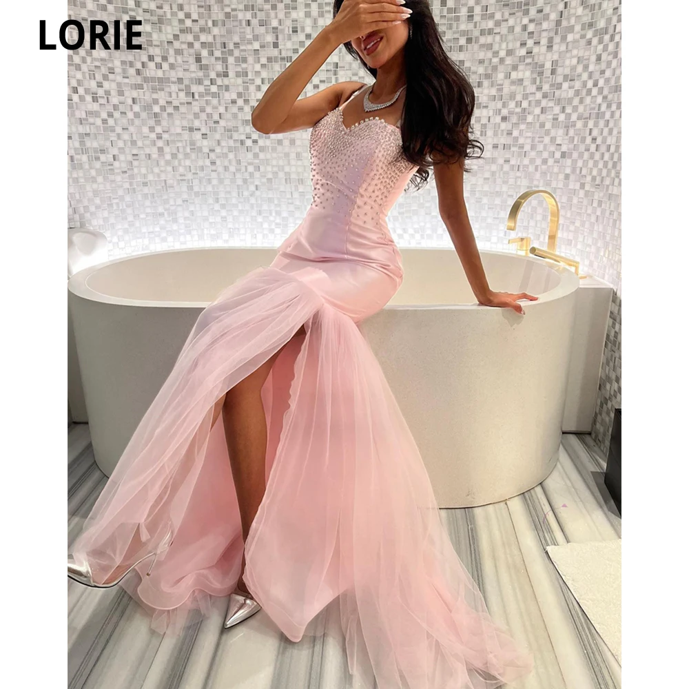 

LORIE Arabic Evening Dresses Mermaid Pink Sparkly Pearls High Side Split Custom Made Formal Wedding Party Gowns Prom Dress