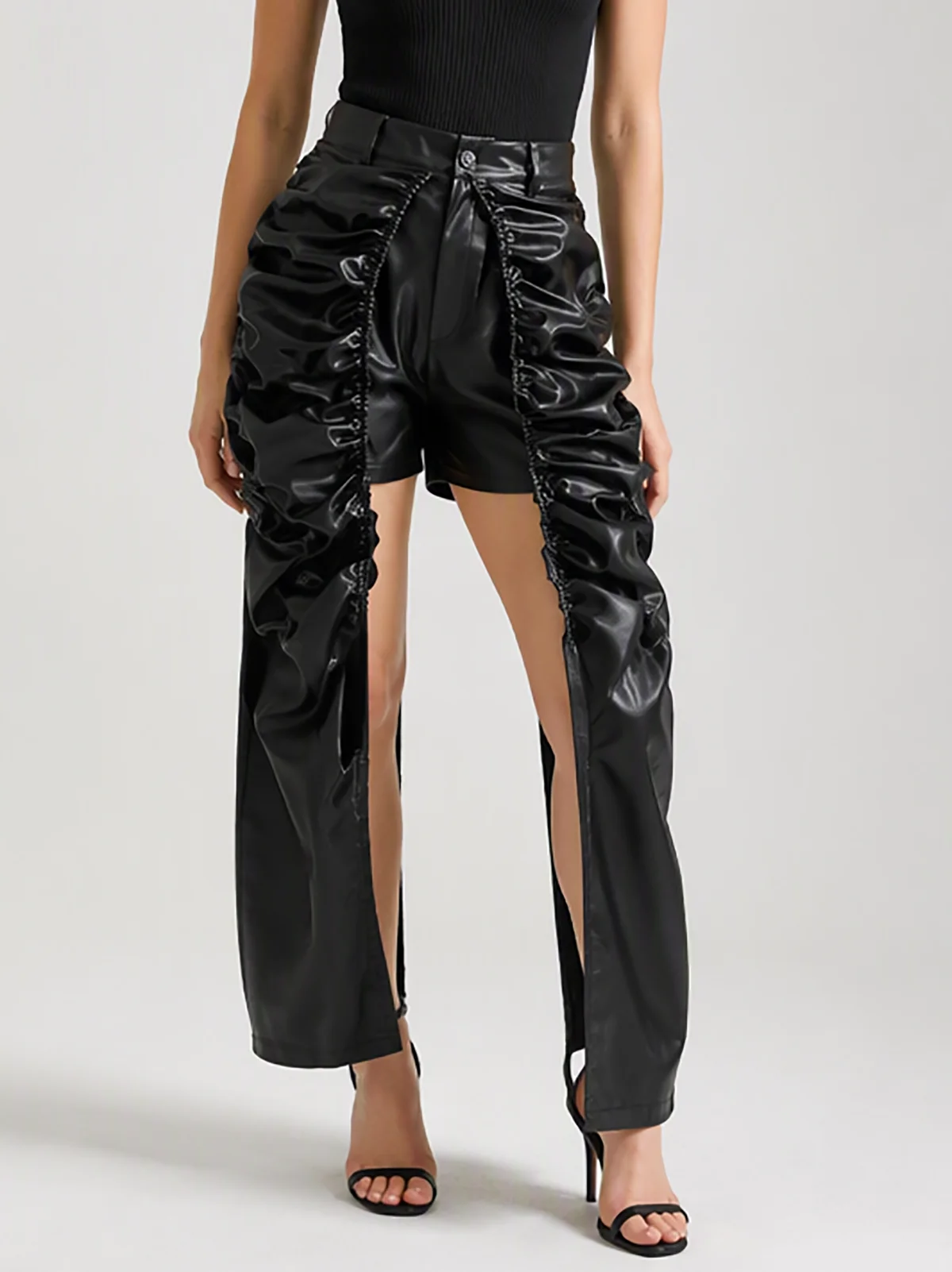 Women Black Faux Leather Pants High Waist Ruched Split Layered Hem Shorts Vintage Pu Streetwear Party Club Chic Y2K Short Pants