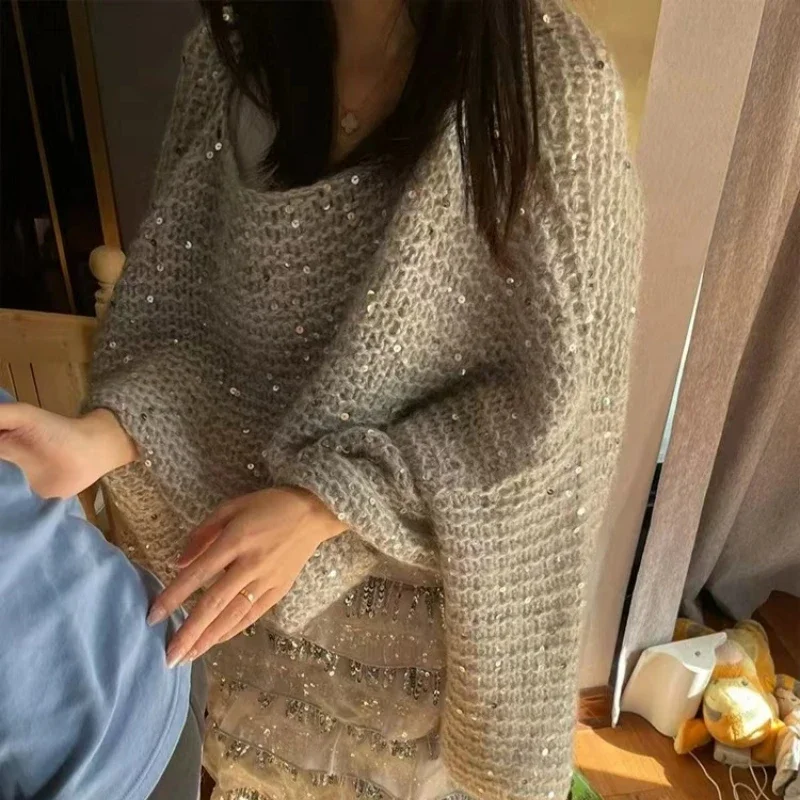 New Vintage Sequined Sweater Women Wool Knitted Hollow Out Casual Loose Long Sleeve Cashmere Pullover Jumper Female Oversized