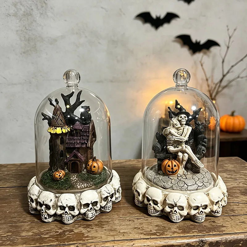 Resin Halloween Glass Dome Figurine Spooky Haunted House Skeleton Lovers Statue Skull Base Desktop Ornament Holiday Party Decor