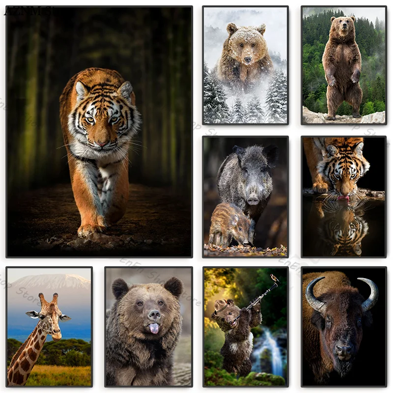 Wild Animal Posters Tiger Brown Bear Bison Wild Boar Canvas Painting and Prints Wall Art Pictures Living Room Home Hallway De