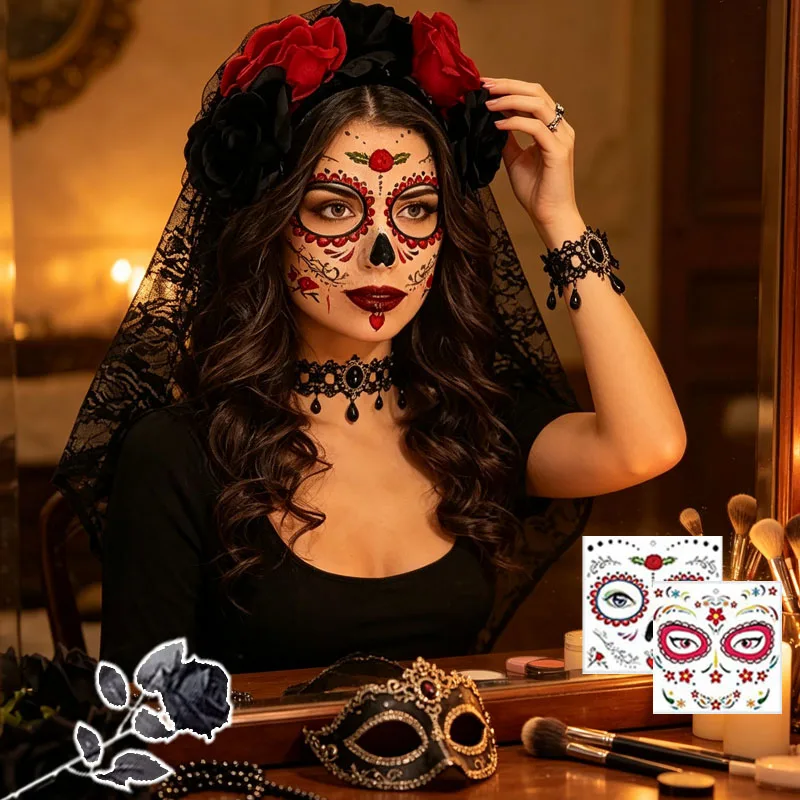1-5Sets Halloween Lace Veil Headband with Rose Necklace and Bracelet Day of the Dead Costume Accessory for Party Favor