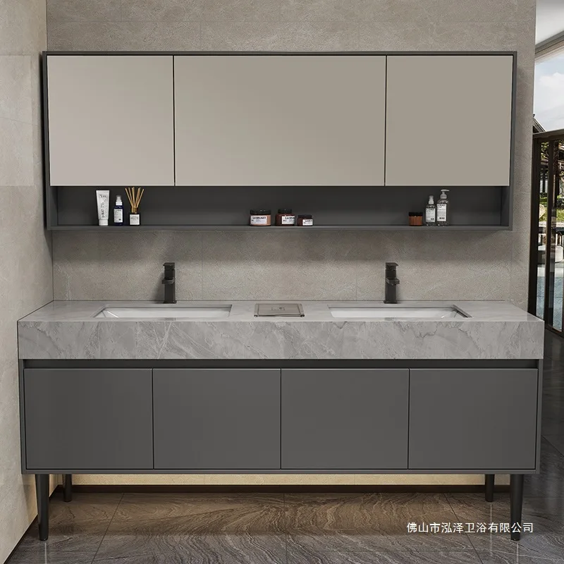 

Bathroom Vanity with Double Ceramic Sink Public Toilet Washstand Basin Bathroom Sink Storage Cabinet Freestanding Vanity Cabinet