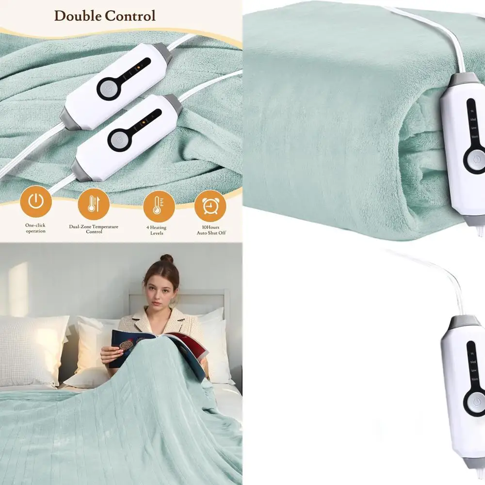 

Queen Size Electric Blanket 84x90 - 4 Heat Levels, Dual Controls, Auto-Off, Soft Coral Fleece, Overheat Safeguard, Mint