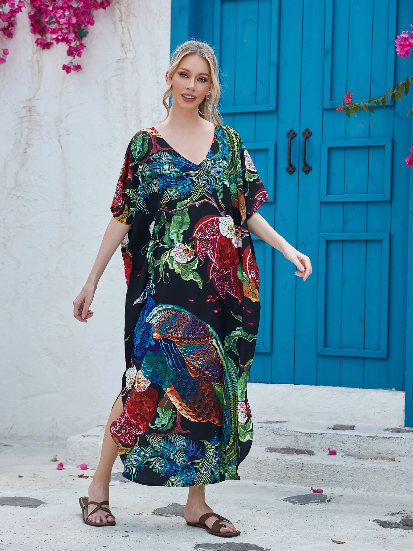 

Женское пляжное платье-накидка с этническим цифровым принтом, кафтан, защита от солнца, одежда для отпуска