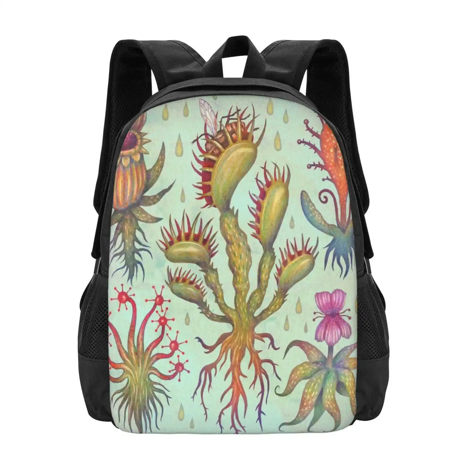 Carnivorous Plants Pattern Design Bag Student'S Backpack Carnivorous Plants Nature Watercolors Colored Pencils Coloured Pencils