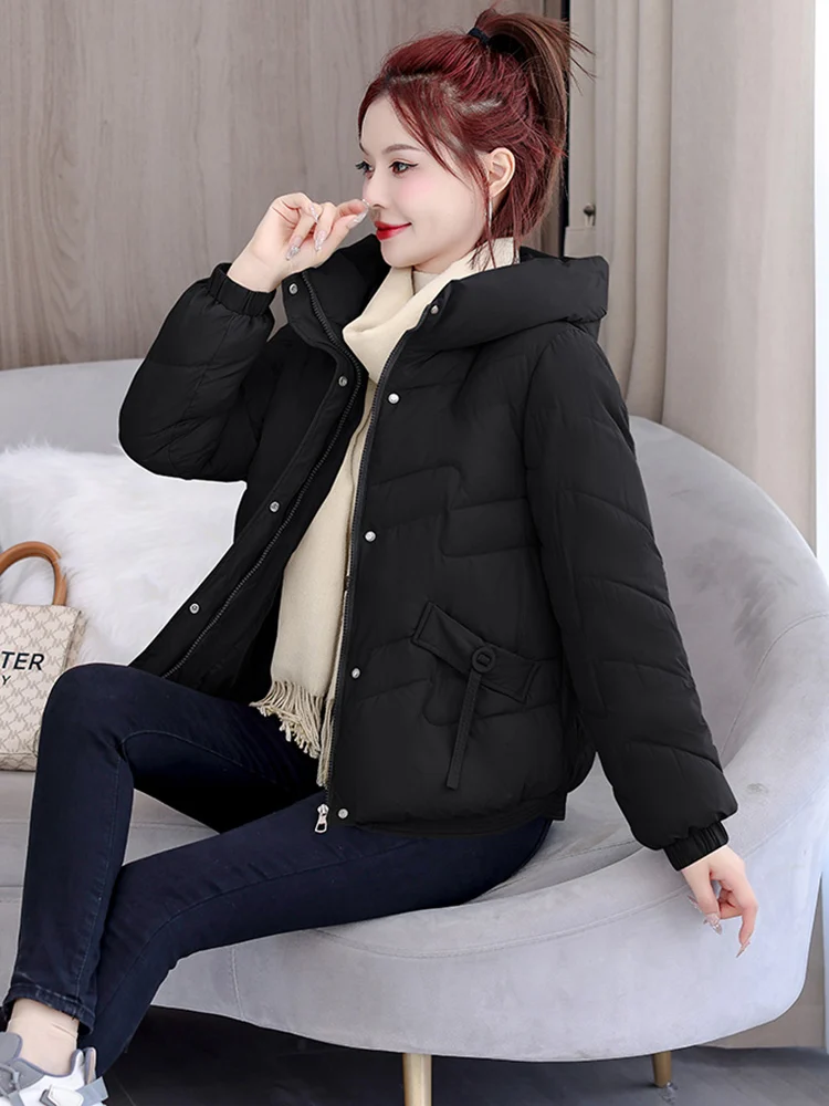 Vielleicht 2024 Koreaanse Herfst Winter Vrouwen Puffer Jack Elegant Katoen Gewatteerde Korte Parka 'S Capuchon Damesjas