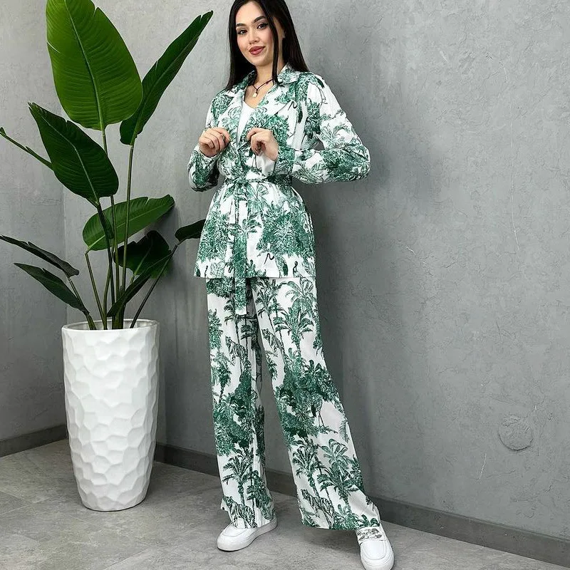 Women's Vintage Print Party 2 Piece Outfits Set Loose Long Sleeve Tops and Wide Leg Pants Suit Lady Streetwear Autumn Trouser