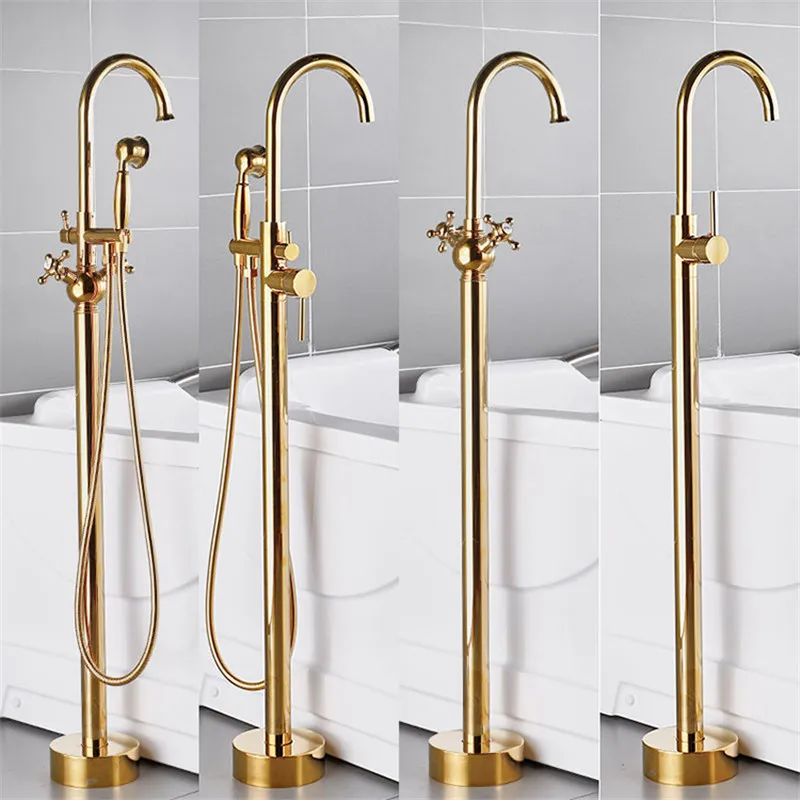 

Tuqiu Gold Bathroom Bathtub Faucet + Handheld Shower Free Standing Luxury Waterfall BathTub Mixer Taps Floor Mounted