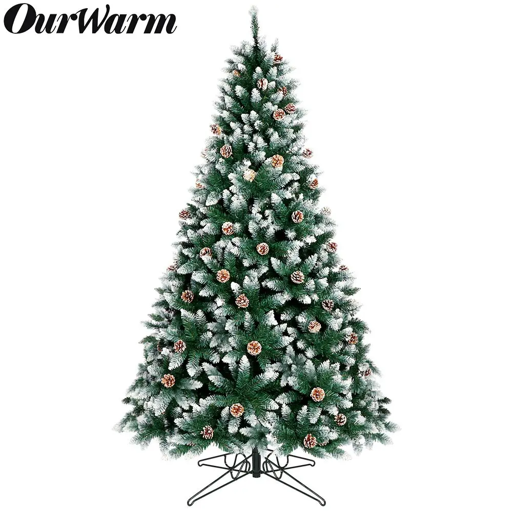 7FT Snow Flocked Christmas Tree w/1400PVC Branch Tips,70 Pine Cones Foldable Base, Artificial Xmas Tree for Holiday Party Decor