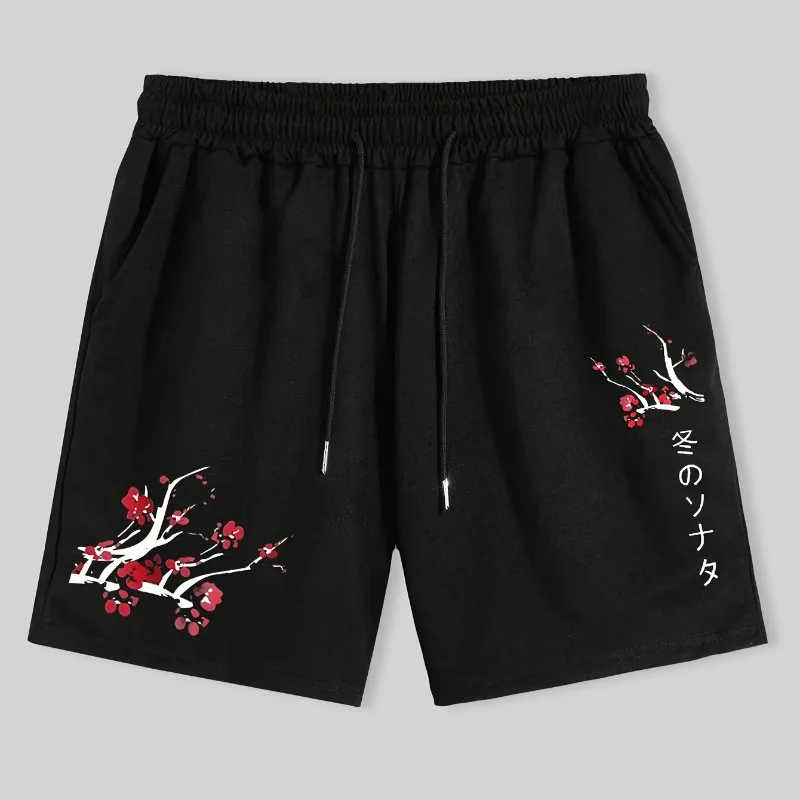 American Retro and Style Plum Blossom Printed Men's Shorts Summer Trendy Brand Straight Leg Casual Shorts for Both Men and Women