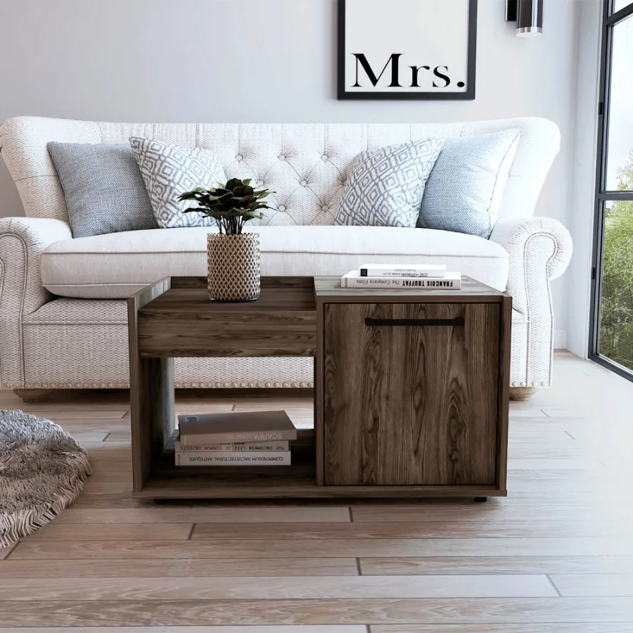 DEPOT E-SHOP Ambar Coffee Table One Open Shelf Single Door Cabinet Dark Walnut