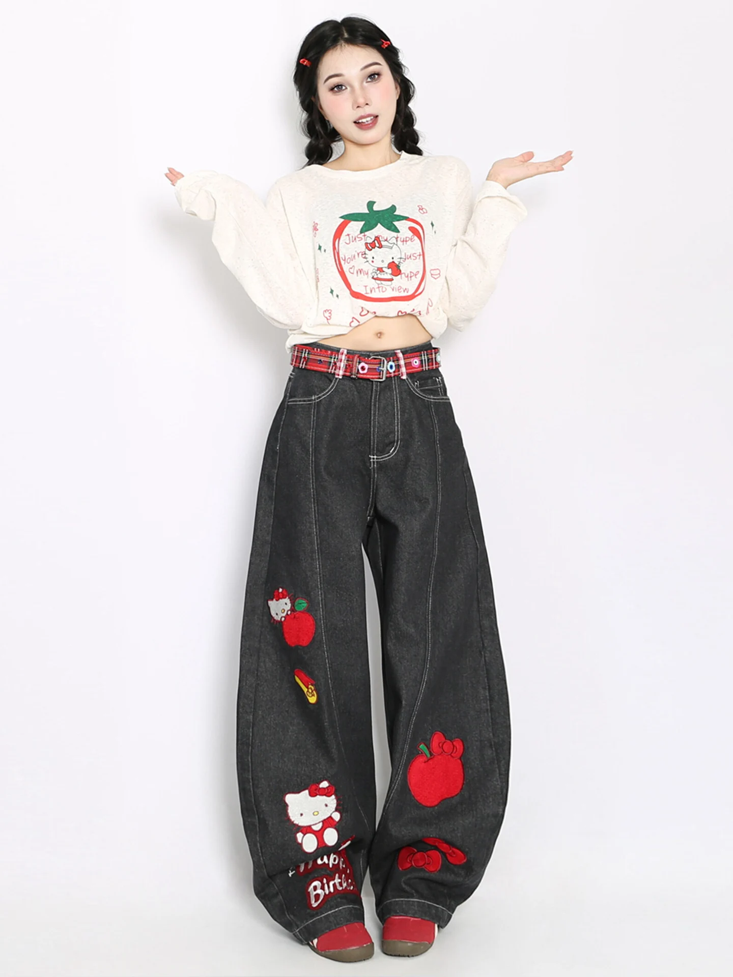 

Summer American Retro Hellokit Embroidered Wide Leg Jeans Women's Knife Slim Loose Floor-Length Trousers Trendy Casual High...