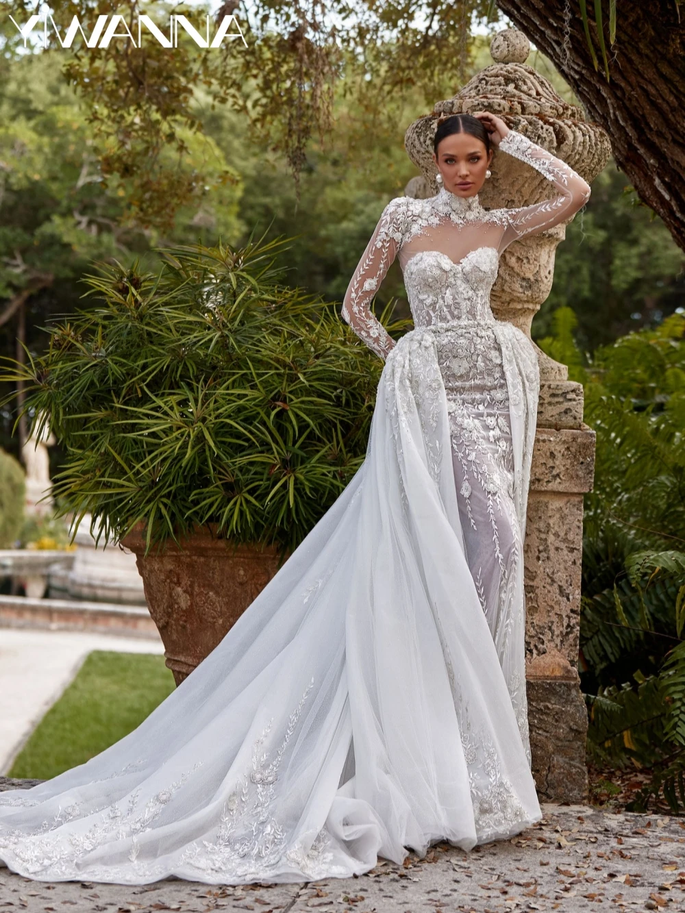 

New Detachable Train Embroidery Beaded Lace Wedding Dress Modest High Collar Bridal Gown Customized Mermaid Dresses For Bride