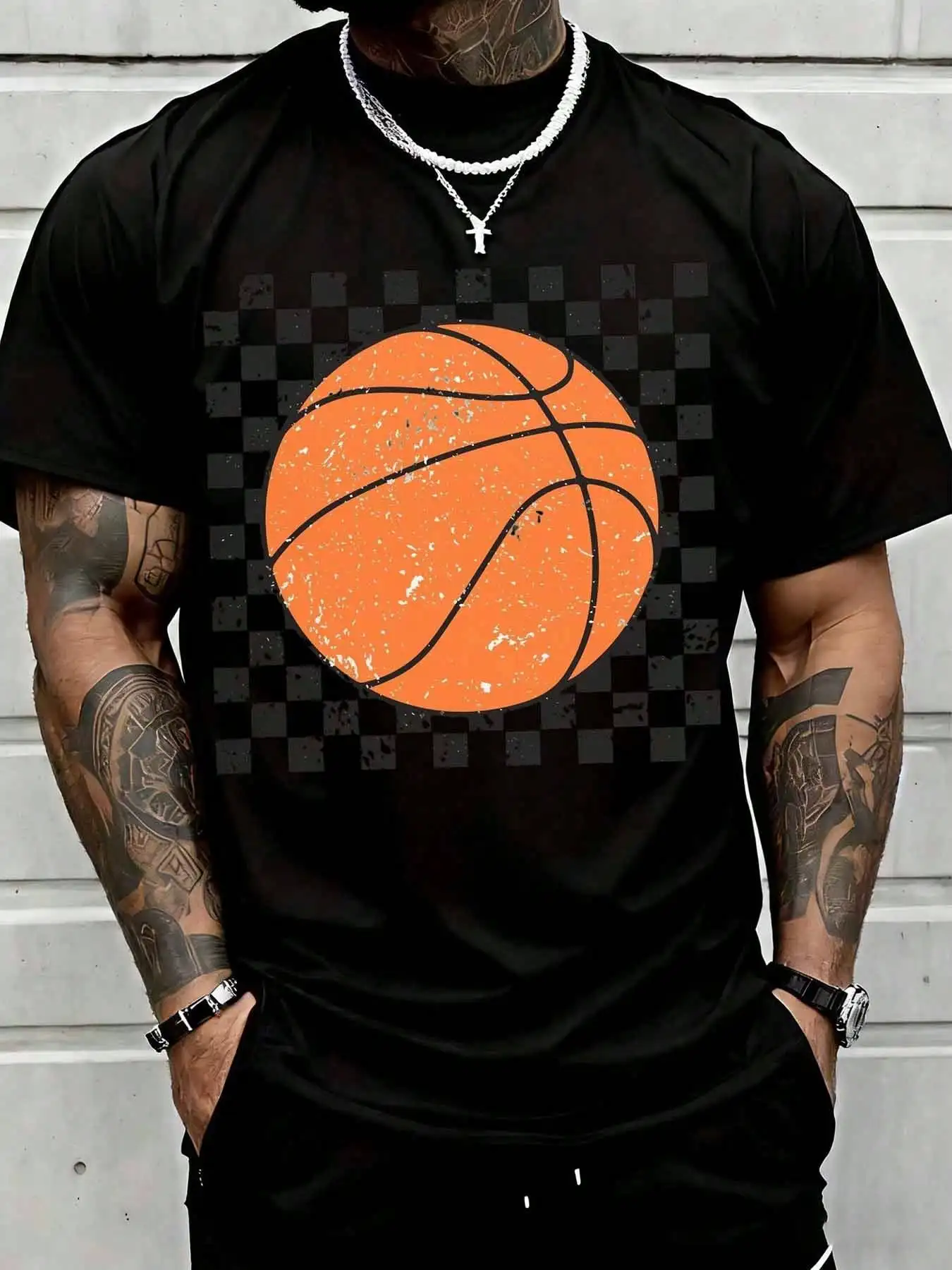 Vintage Basketball Graphic Tee Black Checkered Background Sports Lover Shirt Suitable For Casual Sports Wear