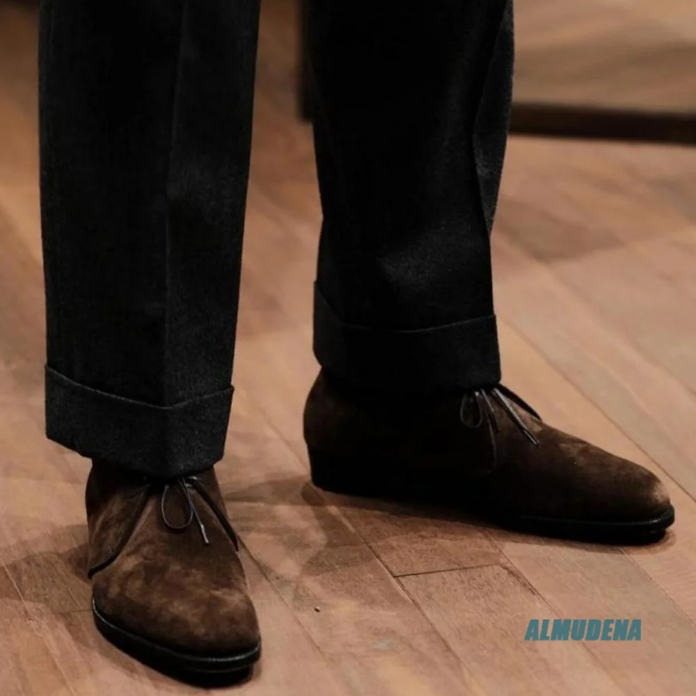 Street Style Men Ankle Boots Coffee Brown Suede Simple Lace-Up Low Flat Heel Outdoor Trendy Business Formal Daily Short Boots