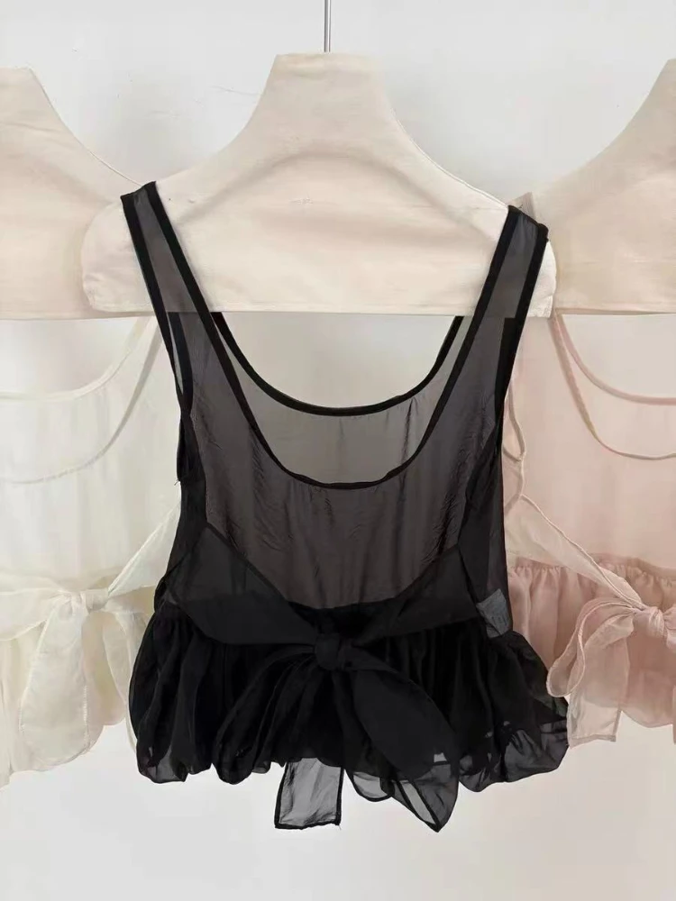 New Korean Sweet Fashion Sleeveless Shirts Women Mesh Transparent Bow Knot Overlap Front Backless Summer Casual Chic Vests