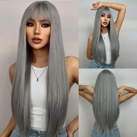 HAIRCUBE peluca larga recta gris con flequillo, pelucas sintéticas resistentes al calor para mujeres, peluca de Cosplay de pelo Natural de uso diario