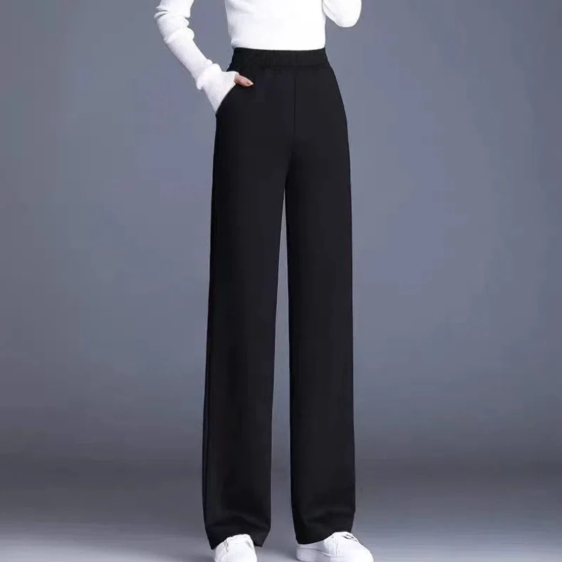 Simplicity Fashion Autumn New Pants Women Solid Elastic High Waist Pockets Temperamen Casual Loose Straight Wide Leg Trousers