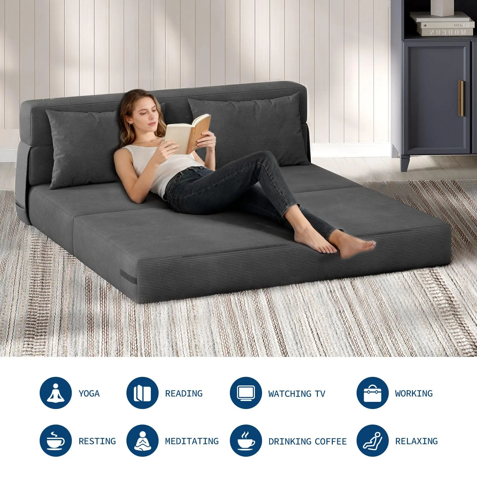 4-in-1 Folding Sofa Bed Convertible Sleeper Soft Corduroy Loveseat Couch With Pillow Space-Saving Fold Out Chair Bed For Room image 4