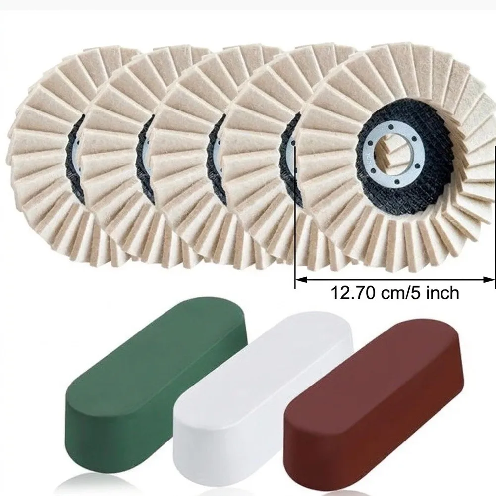 5pcs Wool Felt Polishing Wheel Set With 3 Polishing Compounds Felt Flap Polishing Disc For 125 Type 5-inch Flat Angle Grinder