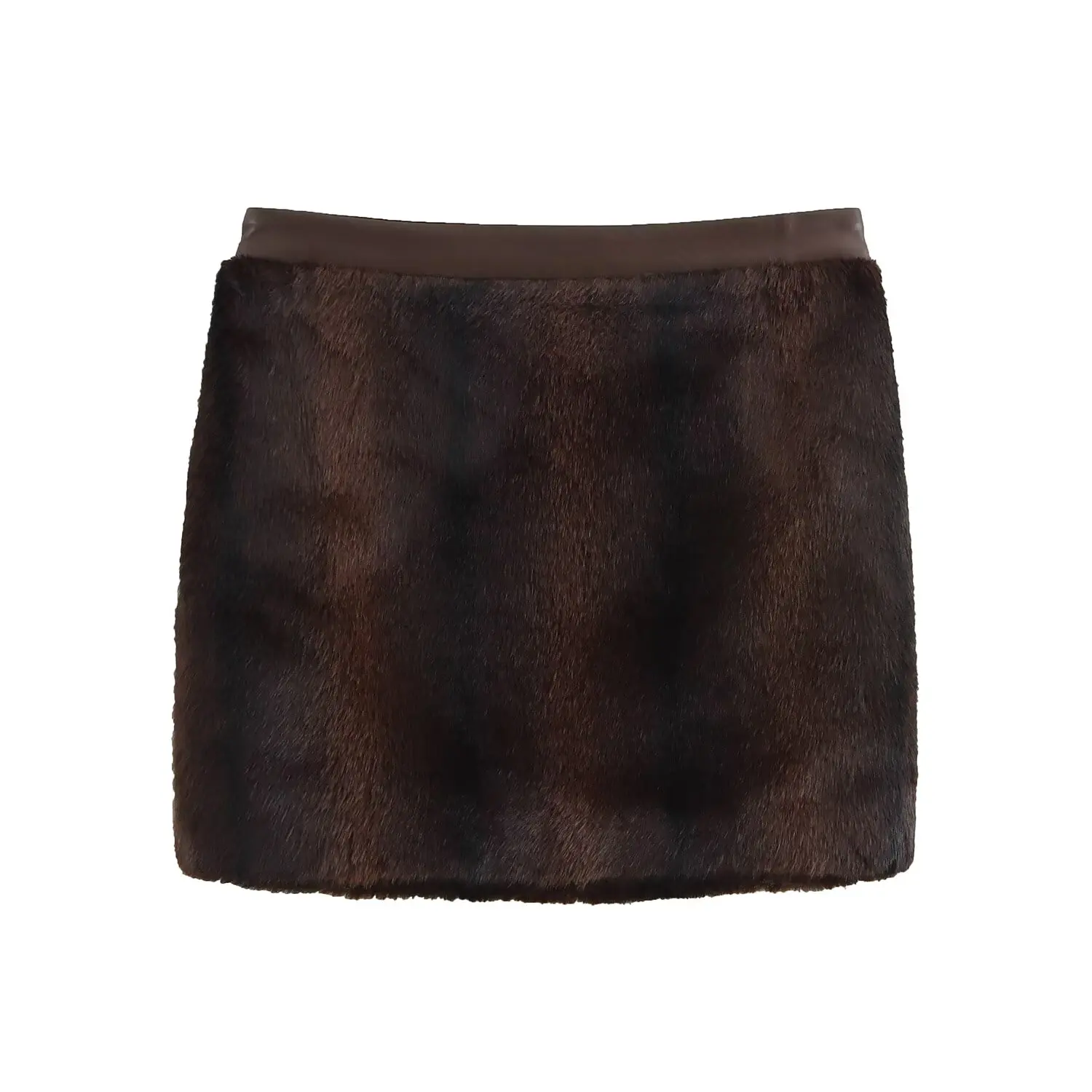 TRAFZA Women Fashion Faux Fur Skirt Retro Shaggy Mocha Mouse Skirt New 2025 Spring/Fall Y2K Sexy High Street Vacation Skirt