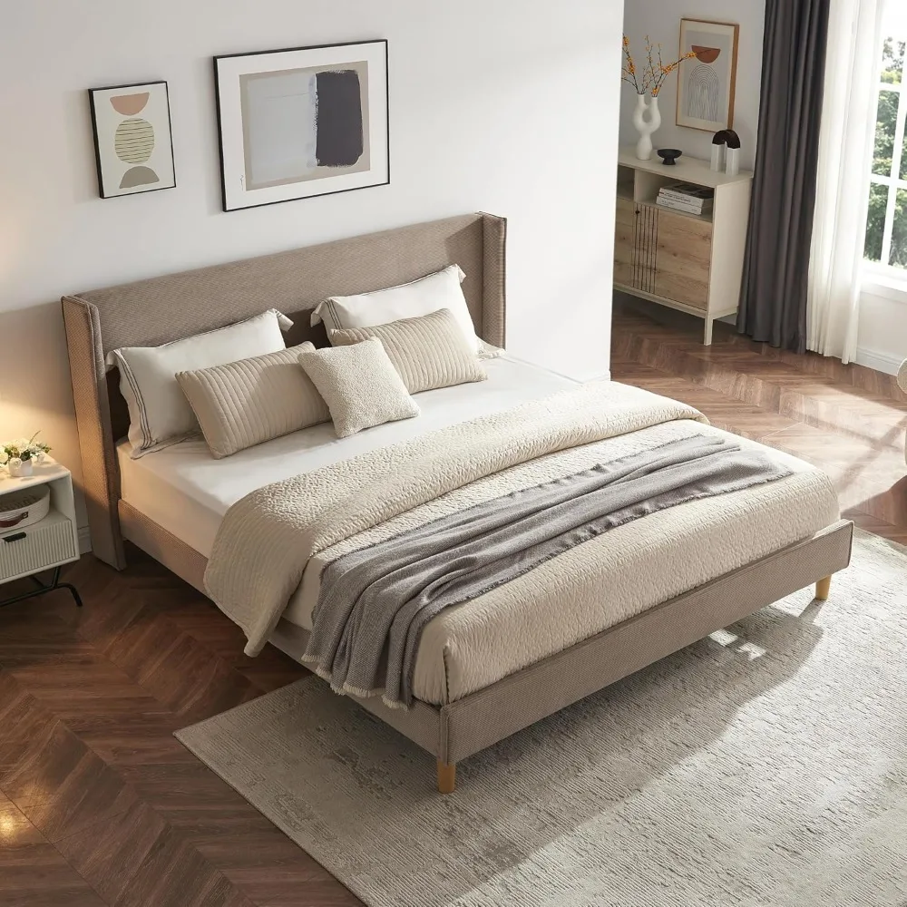 

King Size Upholstered Platform Bed Frame with Modern Wingback Headboard, Corduroy Bed Frame with Underneath Storage, Wooden SLat