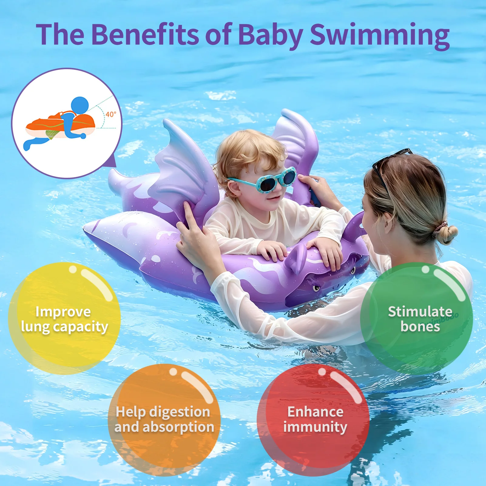 Swimbobo Infant Swim Float Ring 6-24 Months Double Airbag Anti-Tip PVC Pool Float with Pants Toddler Water Toys Summer