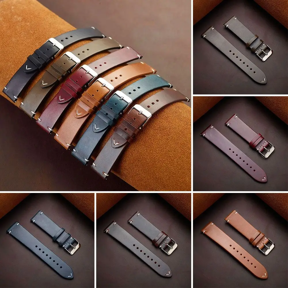 Comfortable 20mm Leather Strap Genuine Leather Handmade Quick Release Strap Adjustable Luxury Wristband Smartwatch