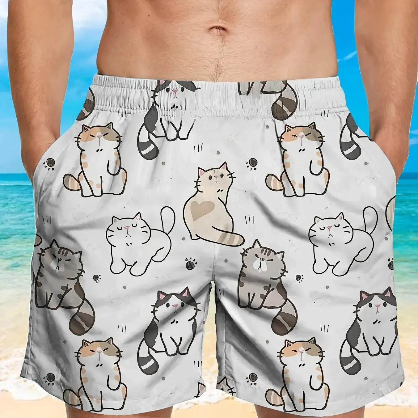 

2025 Summer Men's Board Shorts Casual Cartoon Cats Swim Trunks Elastic Quick Dry Hawaiian Beach Shorts Men Clothing