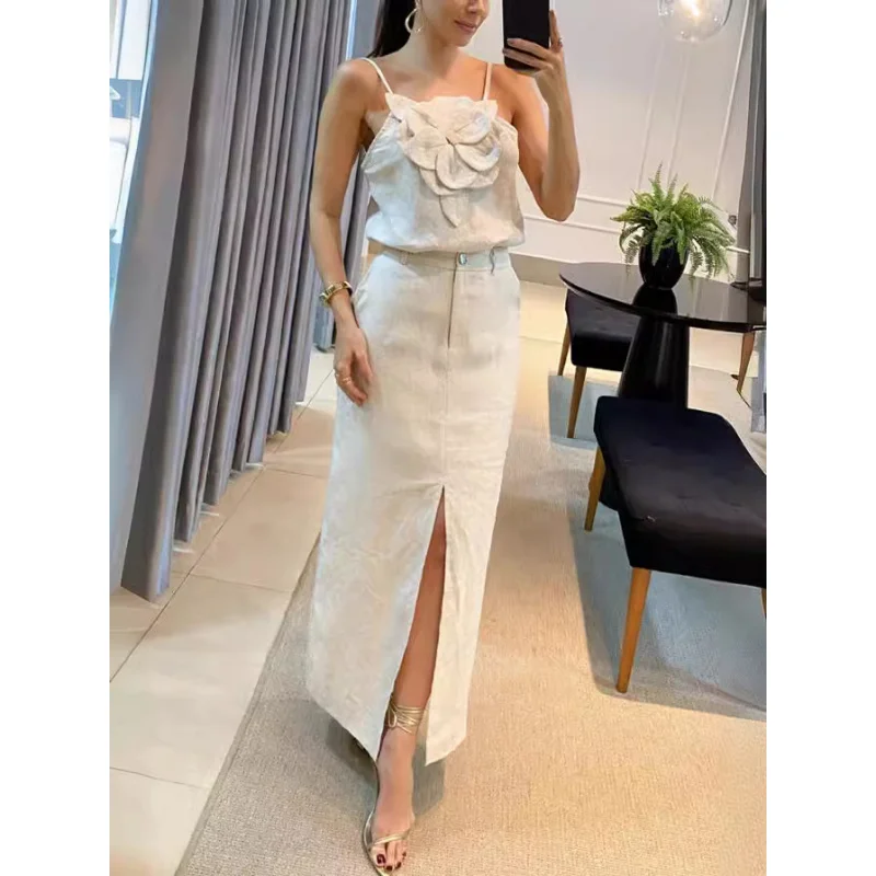 

Hot-Selling European and American Spring/Summer New Three-Dimensional Flower Strap Top Pocket Skirt Elegant Cotton Linen Set for