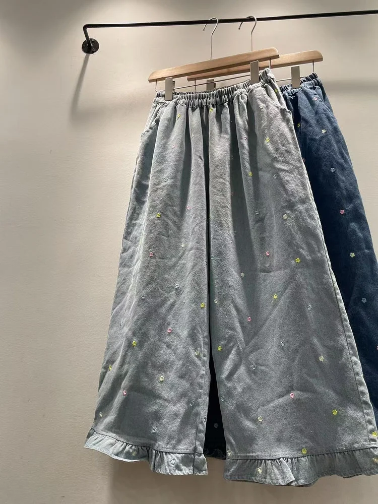 

Spring Summer Women's Loose Wide Leg Jeans Embroidered Polka Dot Tead Nine Point Pants High Waist Casual Wear