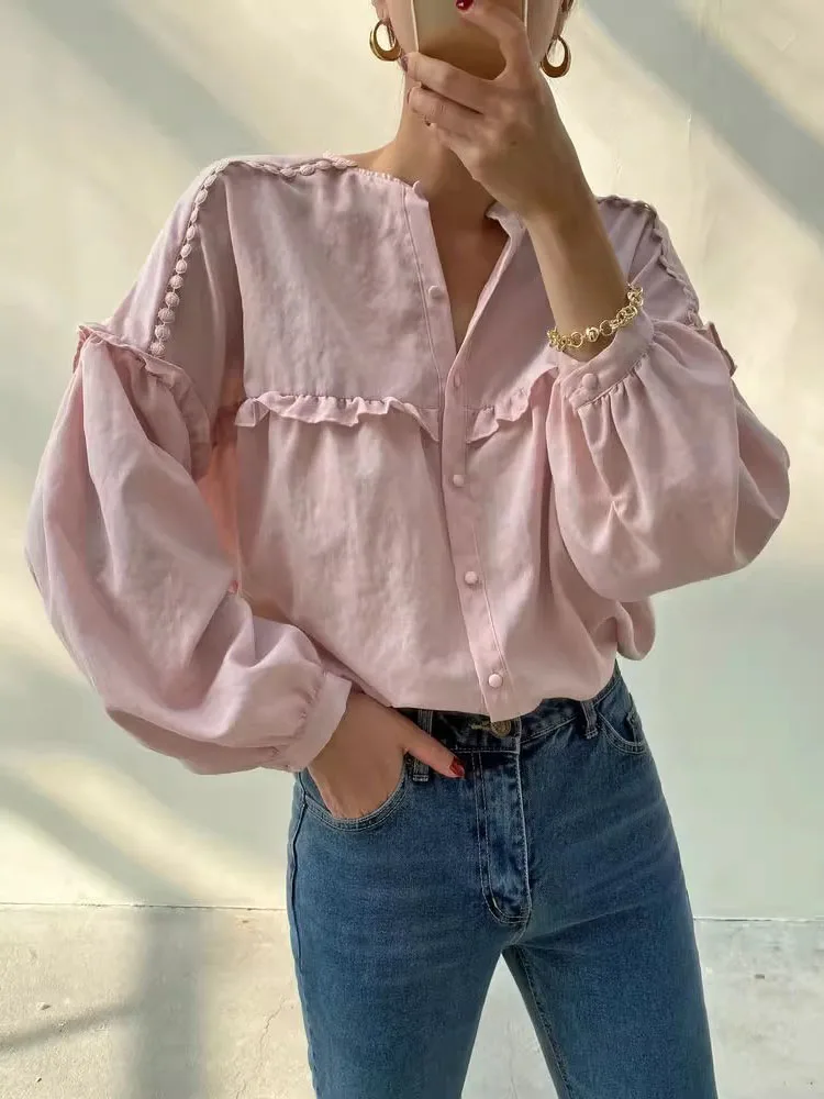 

Chic Sweet Autumn round Ne Loose Bubble Sve irt Women's Top Wooden Splice Casual Faion Long Cotton Blend Blouse