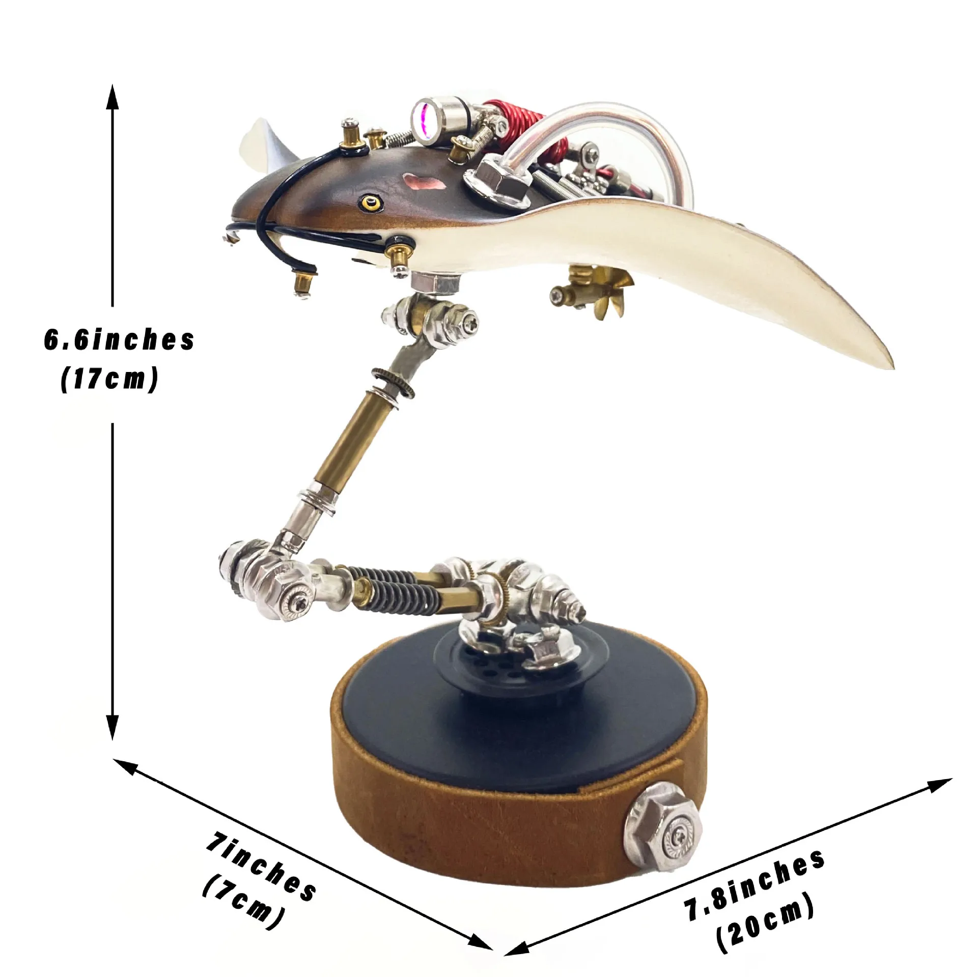 Handmade Steampunk Mechanical Flying Fish Metal Model Ornament Wooden Base Desk Decor Gift