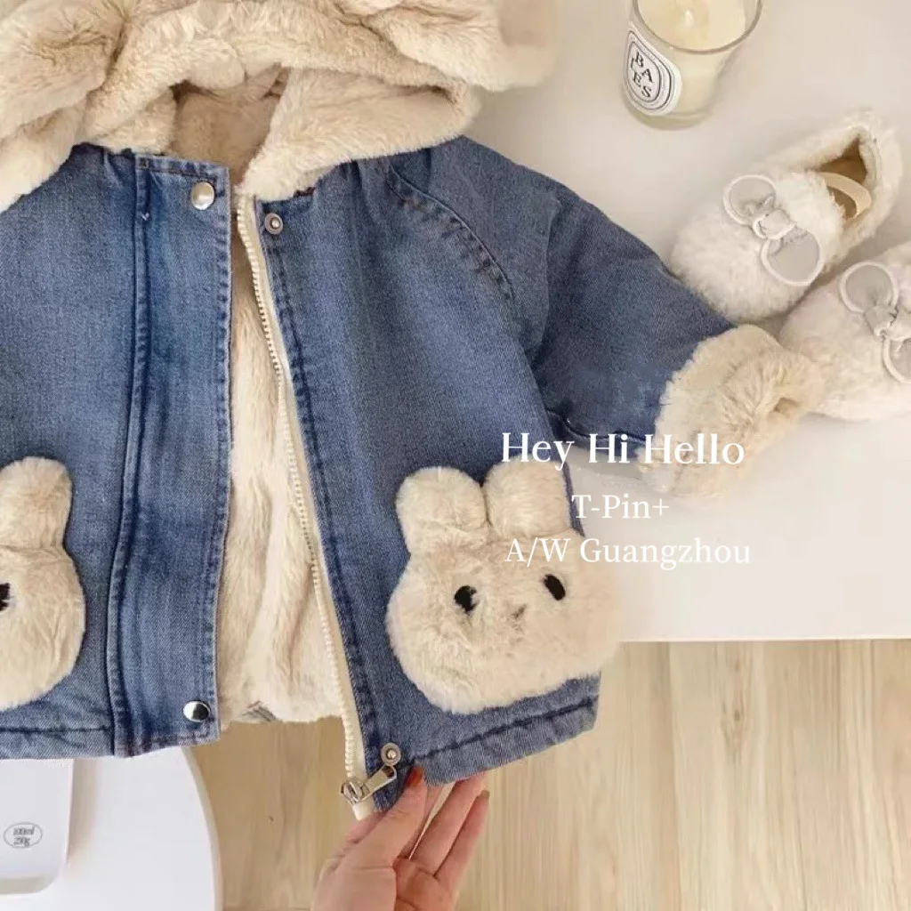 Korean Kids Girls Jacket Autumn Winter Plush Thick Children Girls Denim Jacket Trendy Rabbit Ear Cotton Baby Girls Jacket