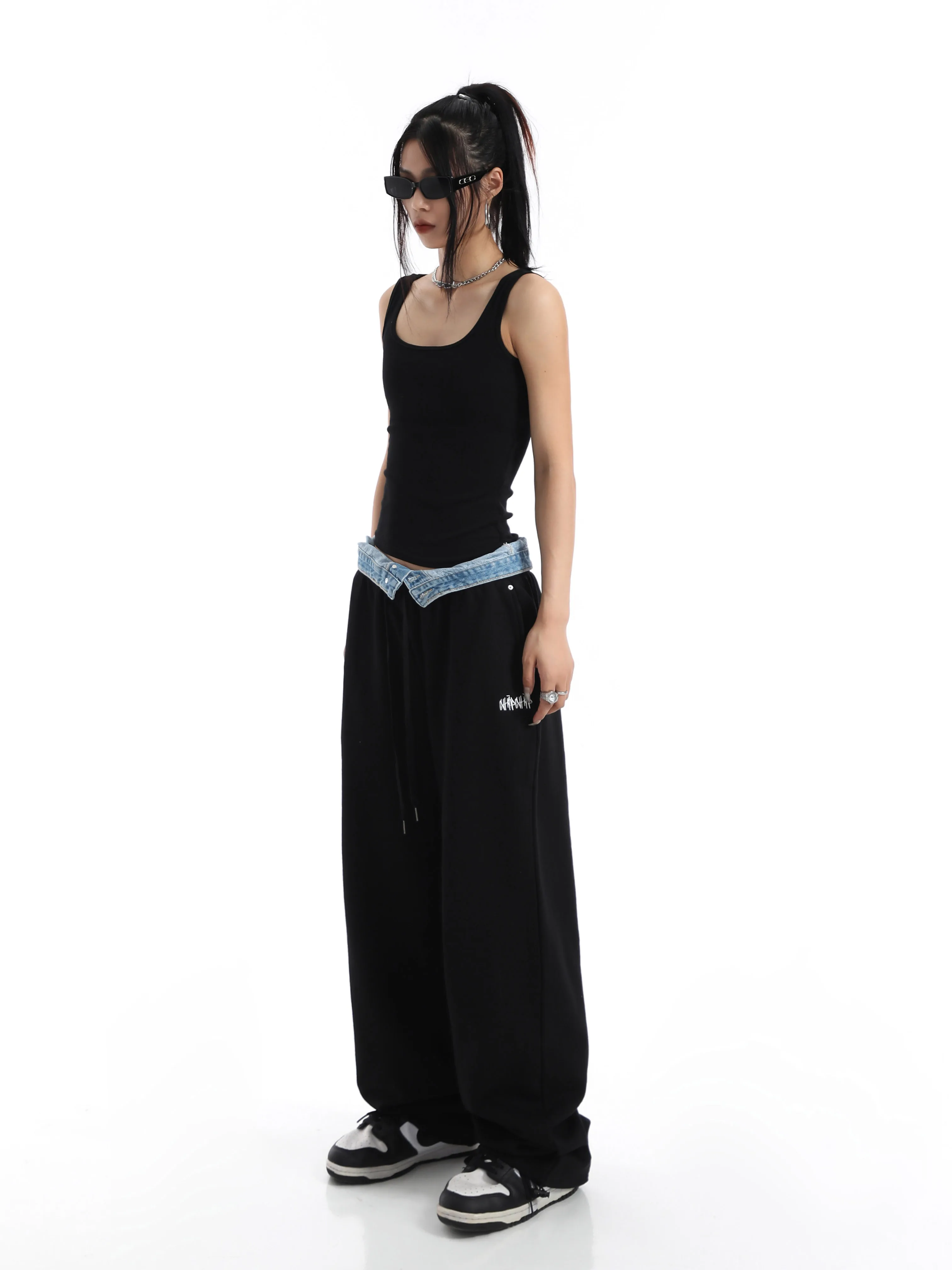 Celana Denim Tambal Sulam Longgar Wanita Celana Retro Y2k Harajuku 90S Antik Celana Panjang Jogger Kaki Lebar Pinggang Tinggi Pakaian Jalanan