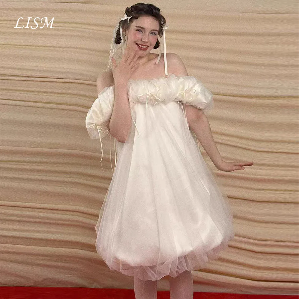 Lism Sweet Mini/Short Wedding Party Dress Ruched Off Shoulder Tulle with Satin Ivory Korea Bridal Gown 웨딩드레스 2026 Customized